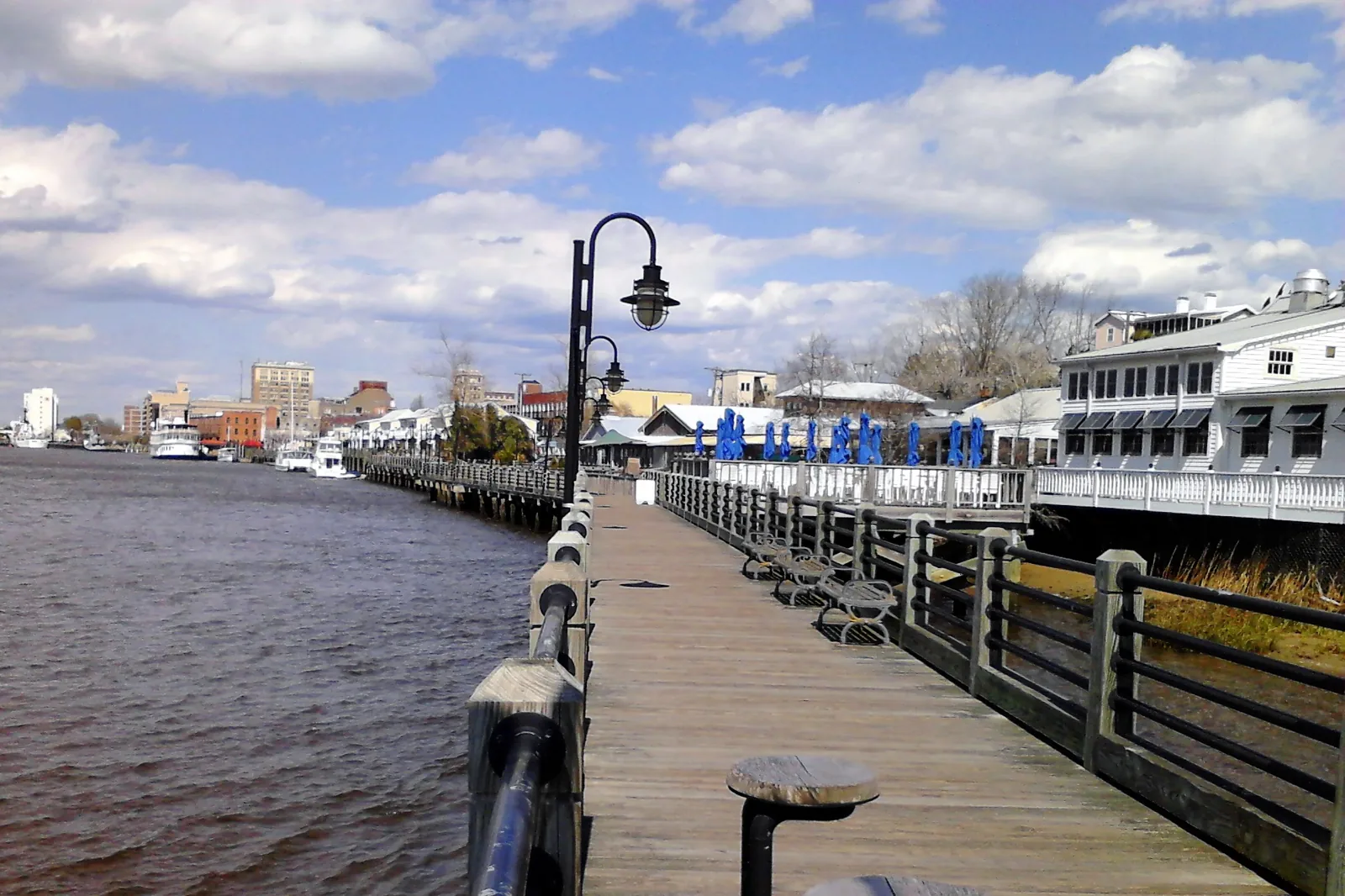 The Wilmington Riverwalk and historic downtown along the Cape Fear River
